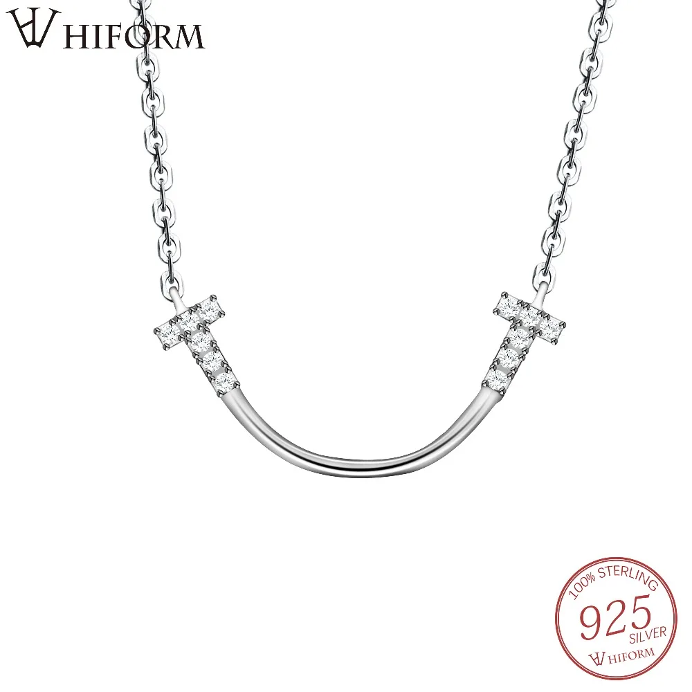 

HIFORM Fashion 925 Sterling Silver T Smile Necklace Pendant with Clear CZ for Women Crystal Stone Pendants chain Jewelry Gift