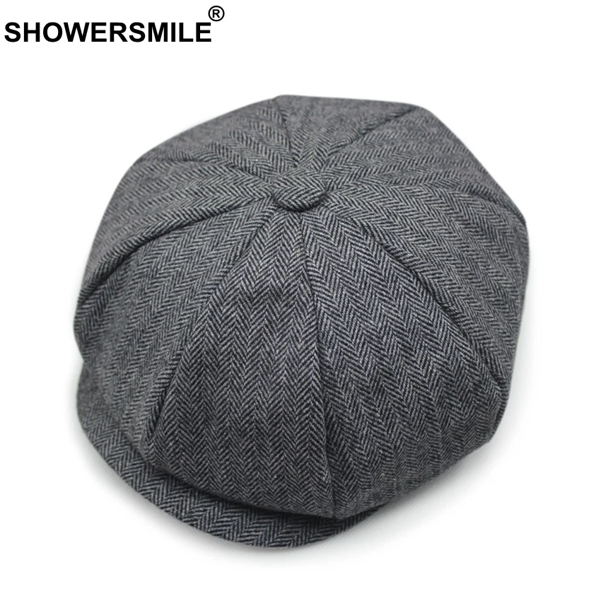 SHOWERSMILE, черная, Серая шерстяная шляпа, мужские шапки Newsboy, твидовые теплые зимние Восьмиугольные шапки с узором в елочку, мужские, женские, Гэтсби, ретро, плоские шапки