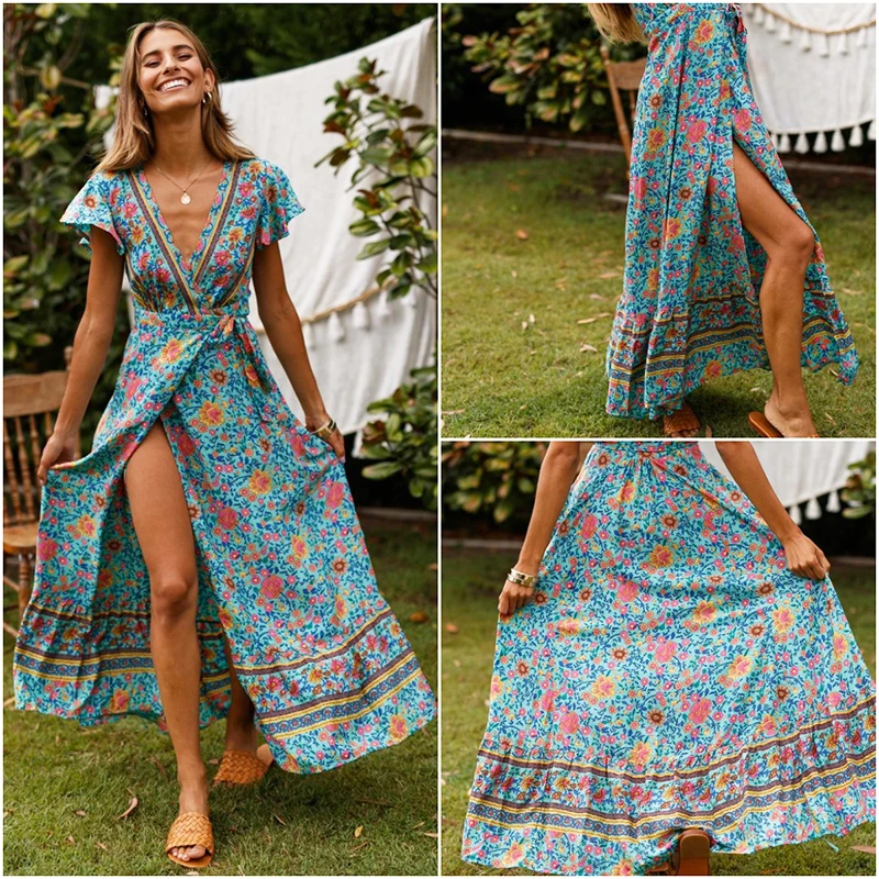 Nadafair Boho цветочное женское Макси платье с v-образным вырезом Сплит пляжное сексуальное длинное платье с поясом элегантные вечерние летние платья vestidos robe Femme