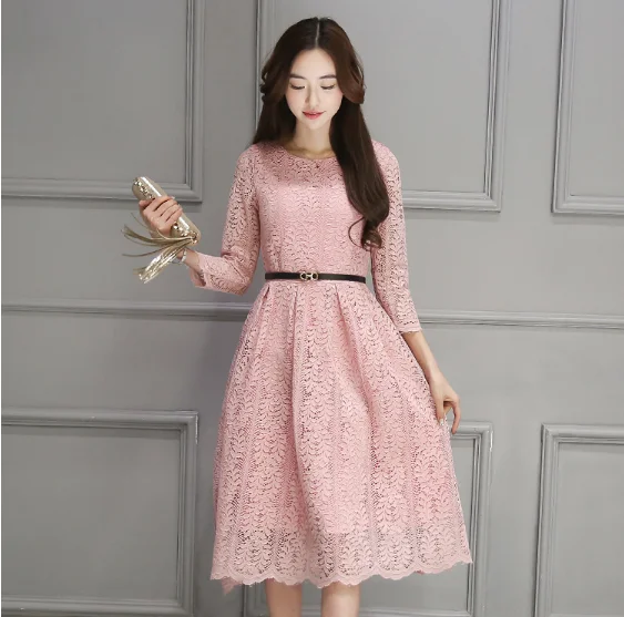 Весна Для женщин элегантное кружевное платье с круглым вырезом Vestidos крючком три