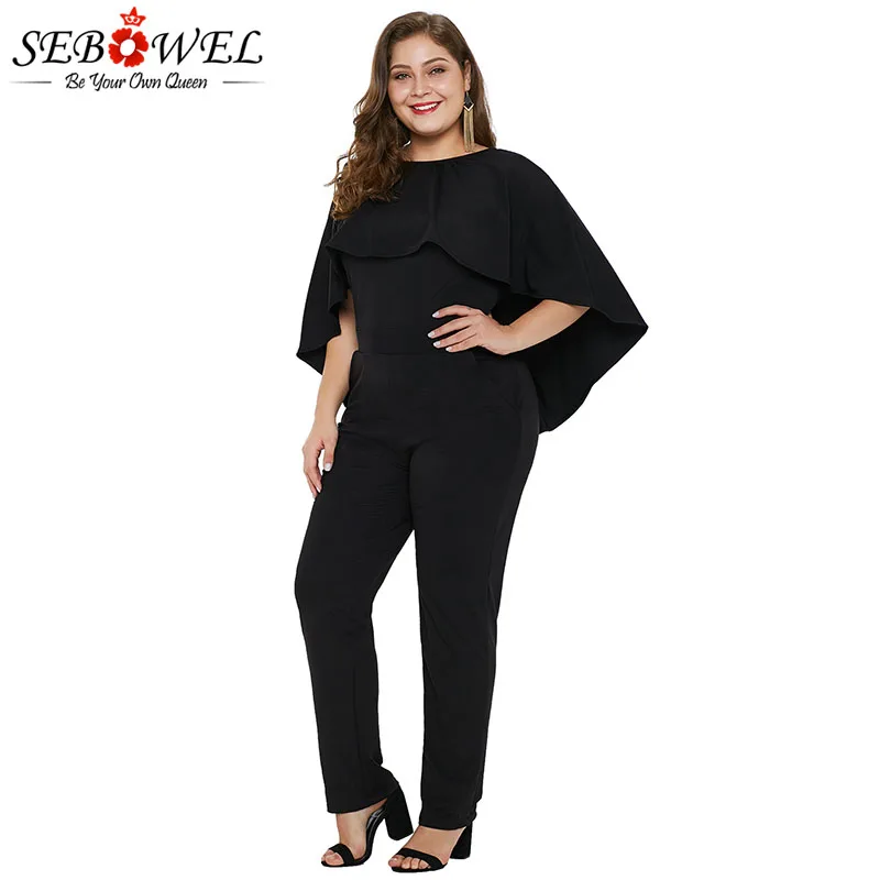 SEBOWEL Black Plus Size Cape Ruffle Jumpsuit with Poncho Woman Spring ...