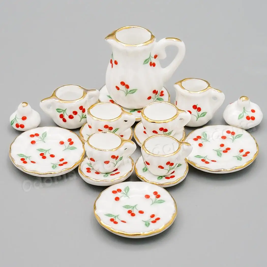 Odoria 1:12, миниатюрный набор чайных чашек 15 шт., красная вишня с золотой отделкой, фарфоровая посуда для кукол, кухонные аксессуары