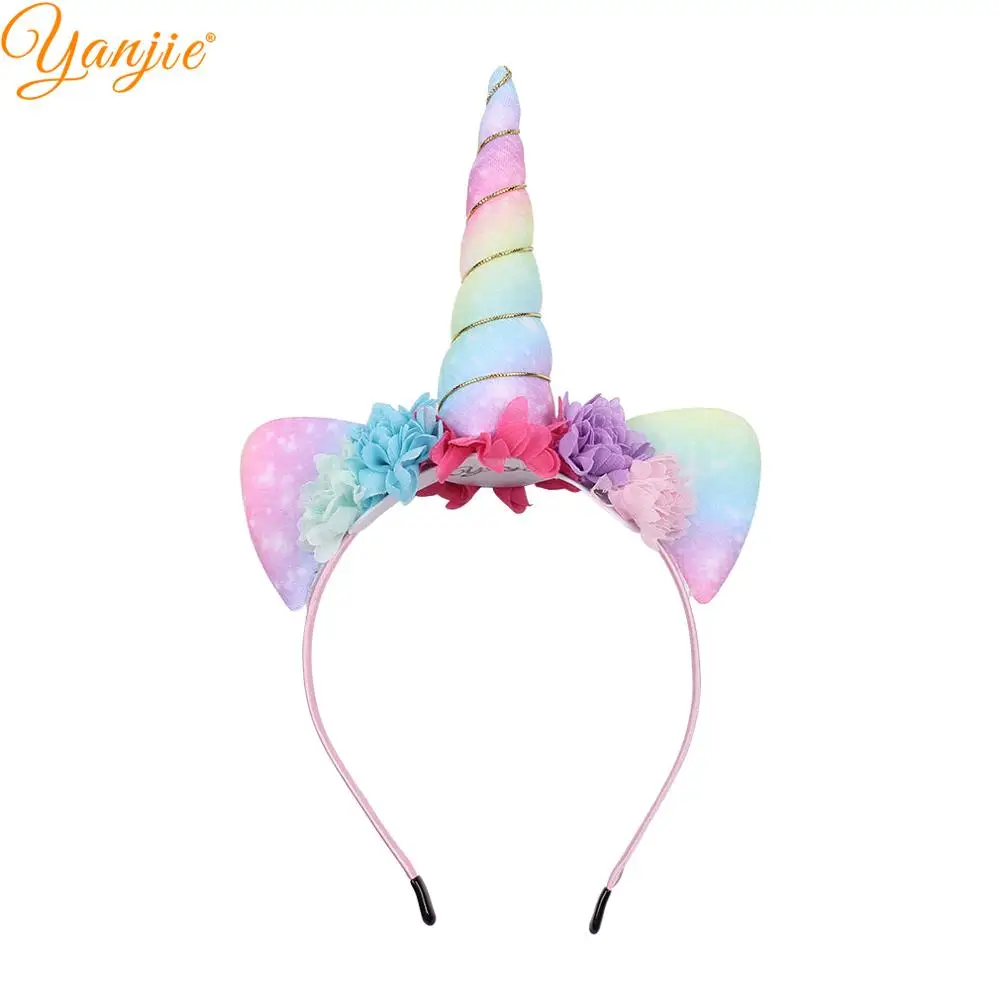 

2019 New Arrival Waffle Unicorn Hairband Rainbow Charming Fabric Horse Horn Ears Flower Headband DIY Hair Accessories Mujer