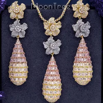 

MoonTree Luxury Trendy Flower Full Mirco Paved Cubic Zirconia Naija Wedding Drop Earring And Necklace Fashion Set