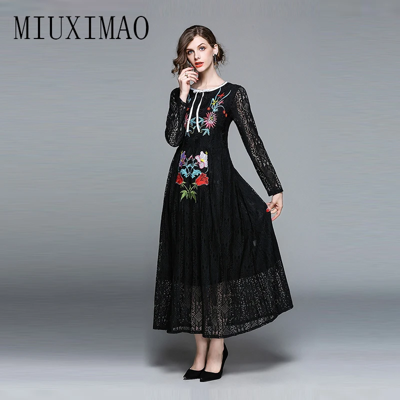 

High Quality Latest 2018 Spring & Summer A-Line O-Neck Long Sleeve Embroidery Lace Ankle-Length Casual Elegant Dress Women