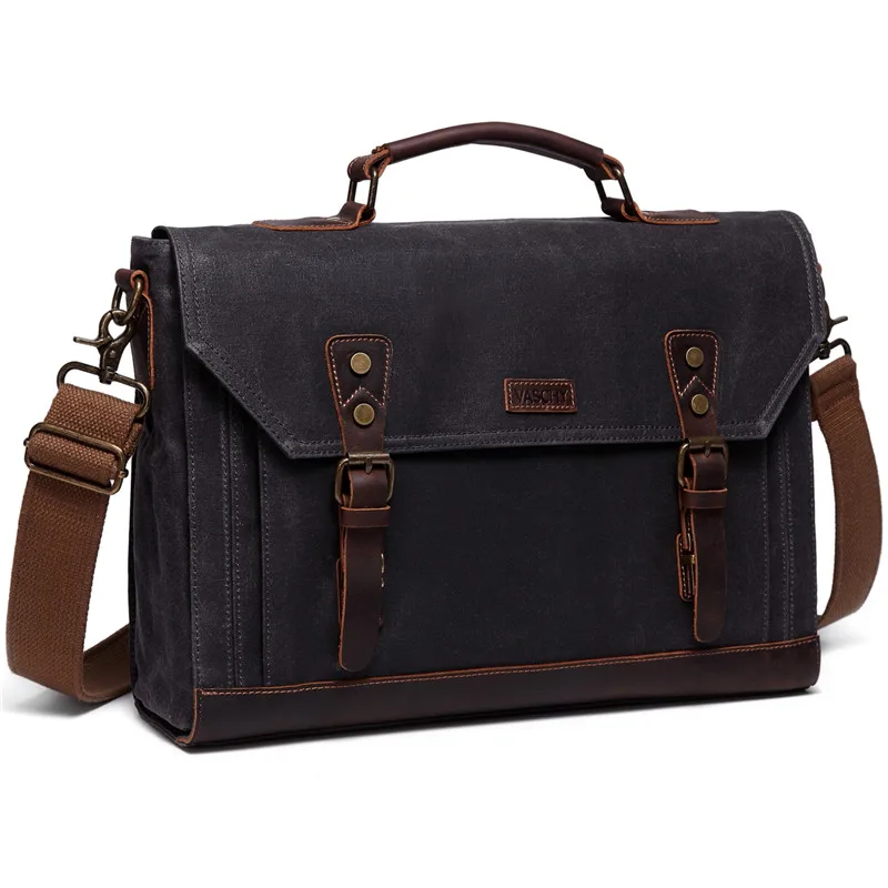 Fits 15 inch Laptop VASCHY Холст сумка для мужчин Классическая кожаная сумка для мужчин Вощеная парусина портфели для 17,3 дюймов ноутбук Офисные Сумки для мужчин - Цвет: Fits 15 inch Laptop