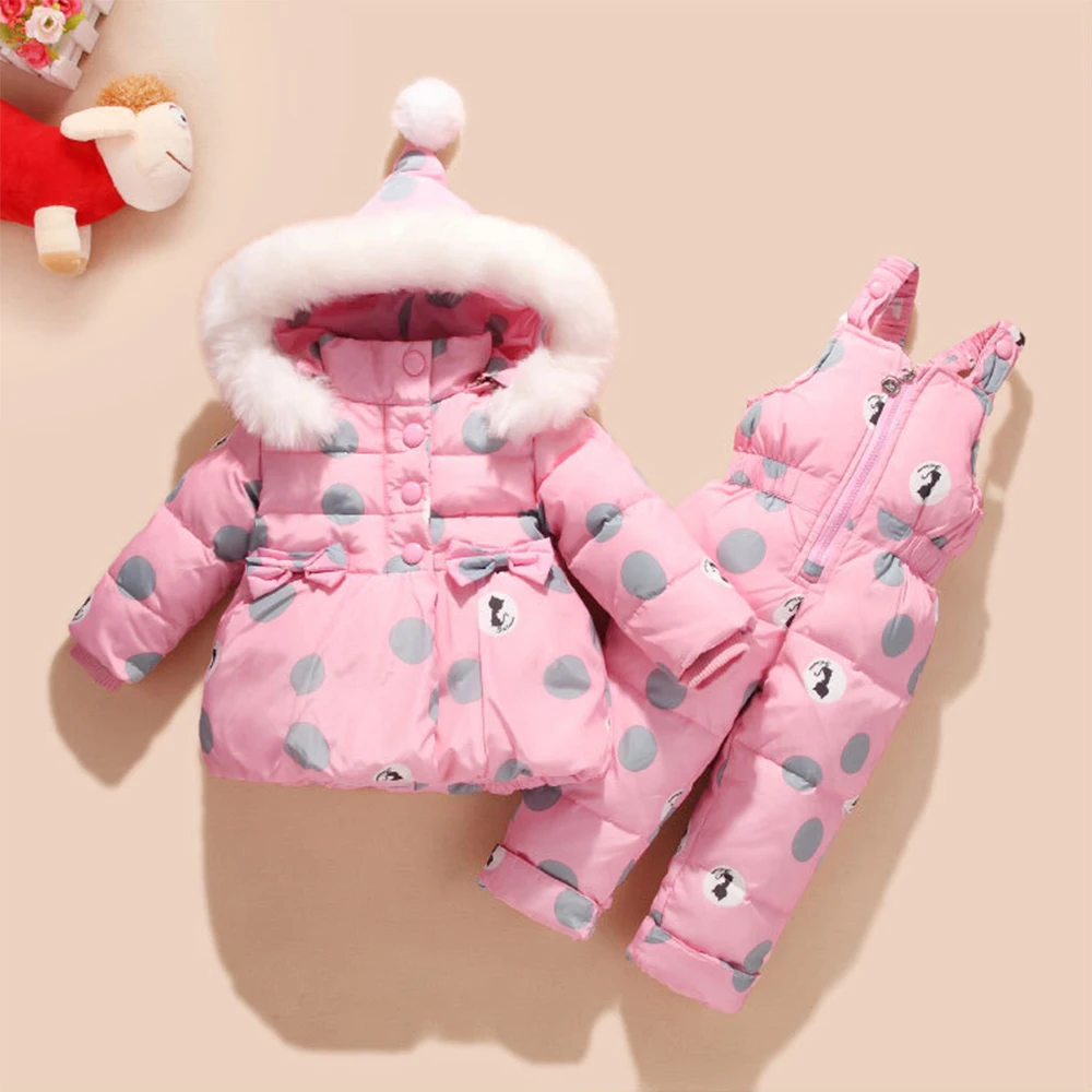 

Baby Winter Overalls Snowsuit Coveralls for Girls Duck Down Winter Baby Suit Bowknot Polka Dot Hoodies Jacket and Jumpsuit Set