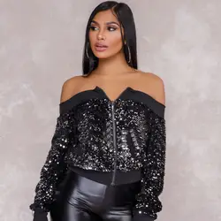 Осень Для женщин пикантные Клубные off shoulder Sequin пальто Курточка бомбер на молнии с длинными рукавами Повседневное Мода slash шеи основные Леди