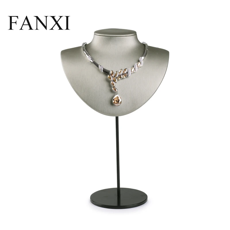 

FANXI New Brush PU Leather Silver Grey Necklace Pendant Display Bust Stand Holder for shop Counter Mannequin Jewelry