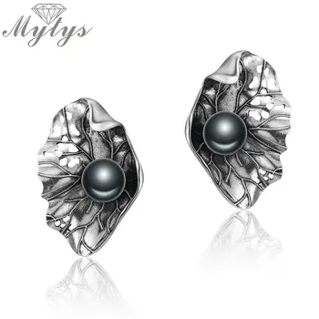 

Mytys Big Round Black Pearl Antique Earrings for Women Tibetan Silver Withered Leaves Punk Statement Earrings Metal Jewel CE475