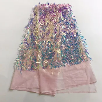 

High quality Velvet fabric African nigerian embroidered sequins lace fabric latest mesh Rose gold pink color lace fabric