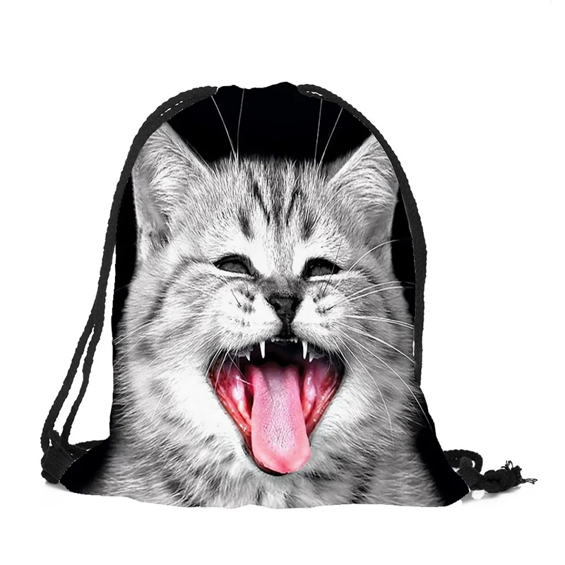 20PCS / LOT Women Drawstring Bags 3D Cartoon Cat Printing Travel Backpack Portable Softback Pouch Travel Pouch Wholesale