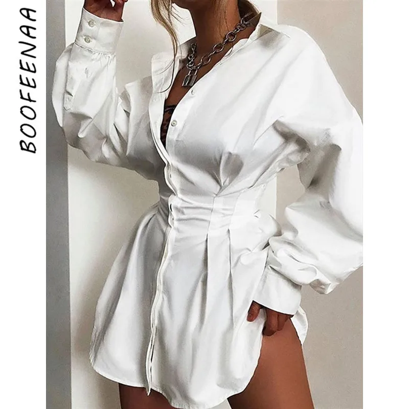 

BOOFEENAA Sexy Vintage White Shirt Dress Women Fall 2019 Party Club Single-breasted Long Sleeve A Line Mini Dresses C83-AD60