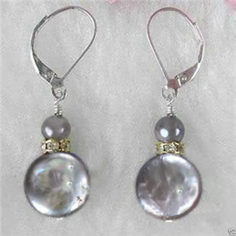 

Free Shipping >>>> 11-12mm Gray Freshwater Coin Pearl /Dangle Earrings