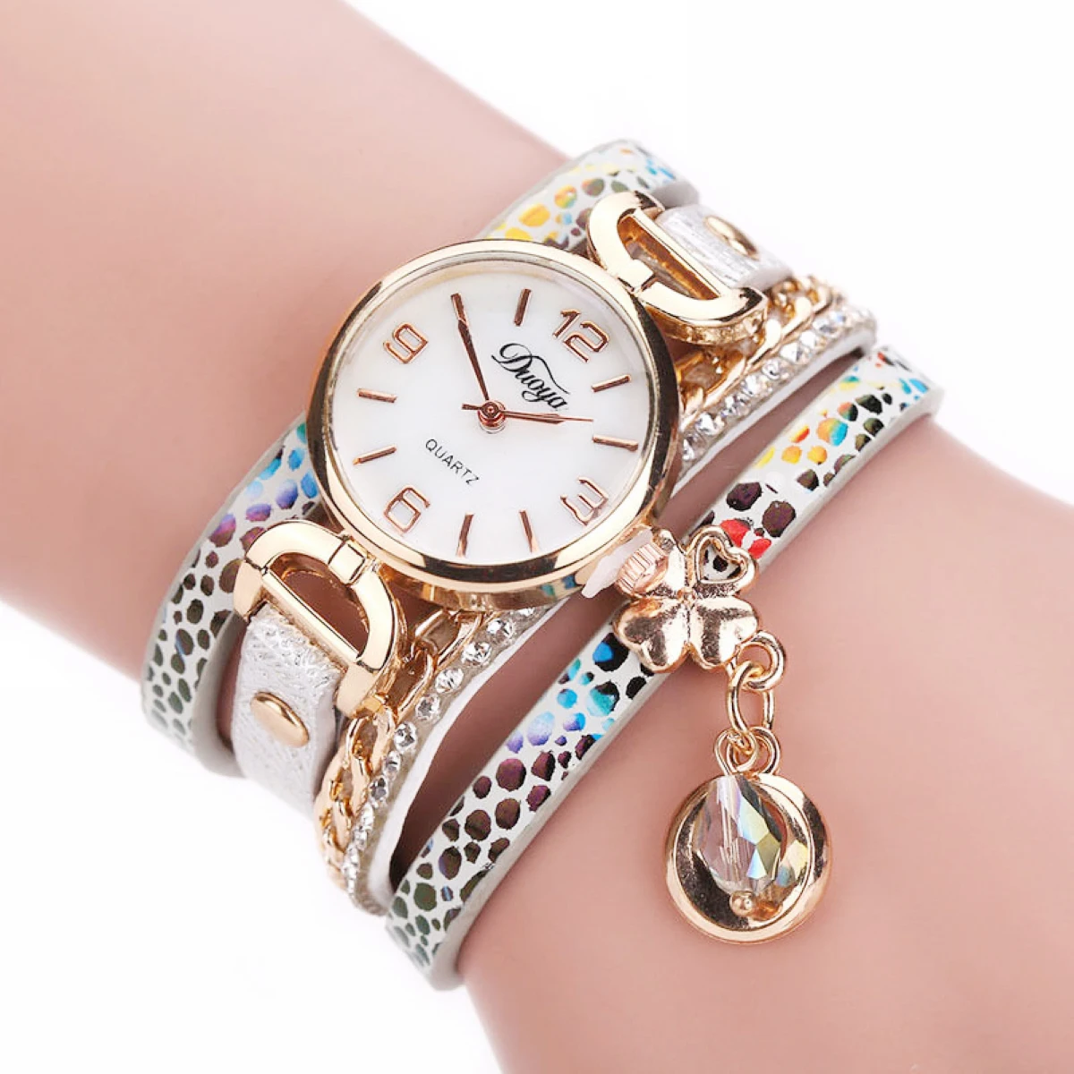 Women's Crystal Rhinestone Leopard Leather Chain Wrap Bracelet Wrist Watch