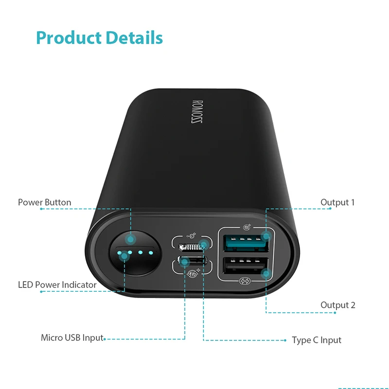 Romoss SE10+ 10000mAh Type-C Power Bank 18W PD Quick Charge 3.0 Portable Charger USB-C Input/Output Battery Pack For iPhone X