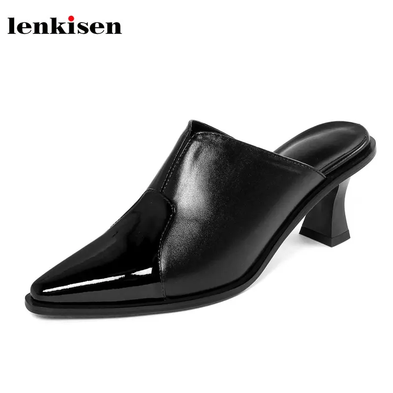 

Lenkisen cow leather square toe slip on slingbacks strange style pumps high heels shallow patchwork mules young women shoes L87