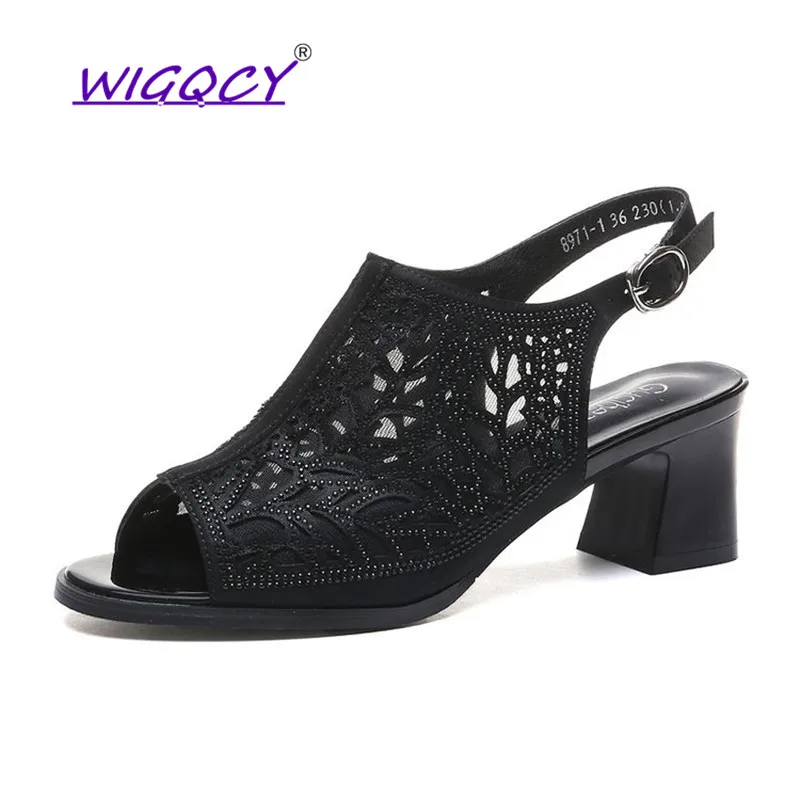 

Rhinestones sandals women 2019 Summer shoes women Fashion Buckle Strap platform Peep Toe Party sandals Square heel female shoes