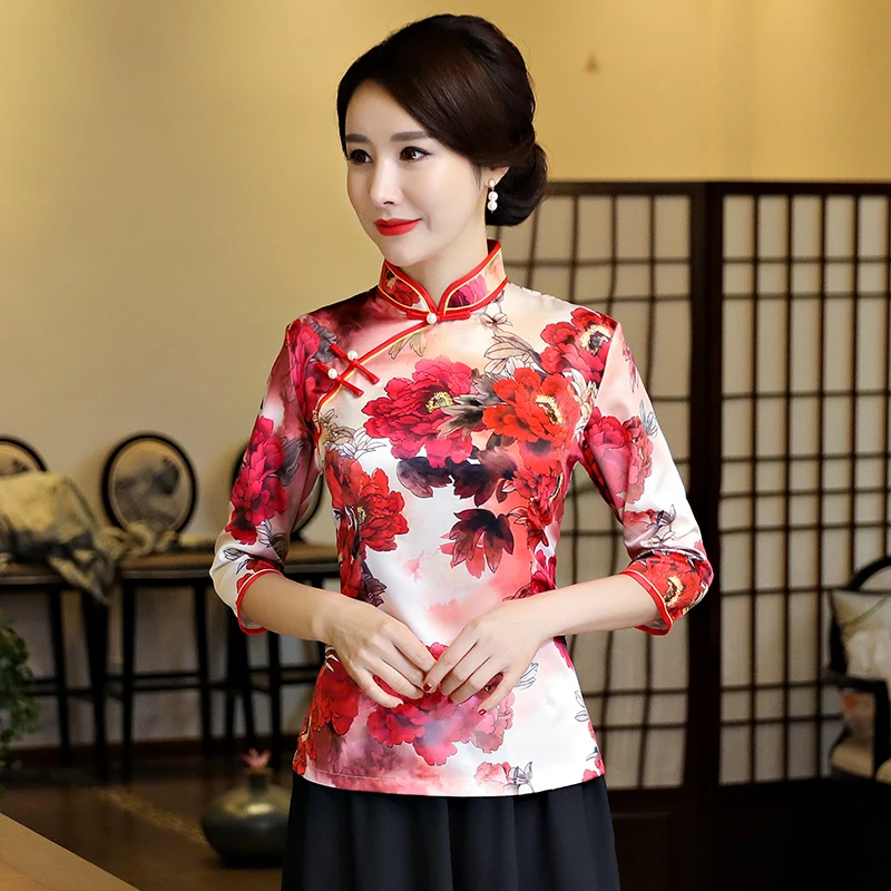 

Spring Autumn New Chinese Women Vintage Shirt Handmade Button Blouse Printed Mandarin Collar Tops Flower Tang Clothes S-XXL