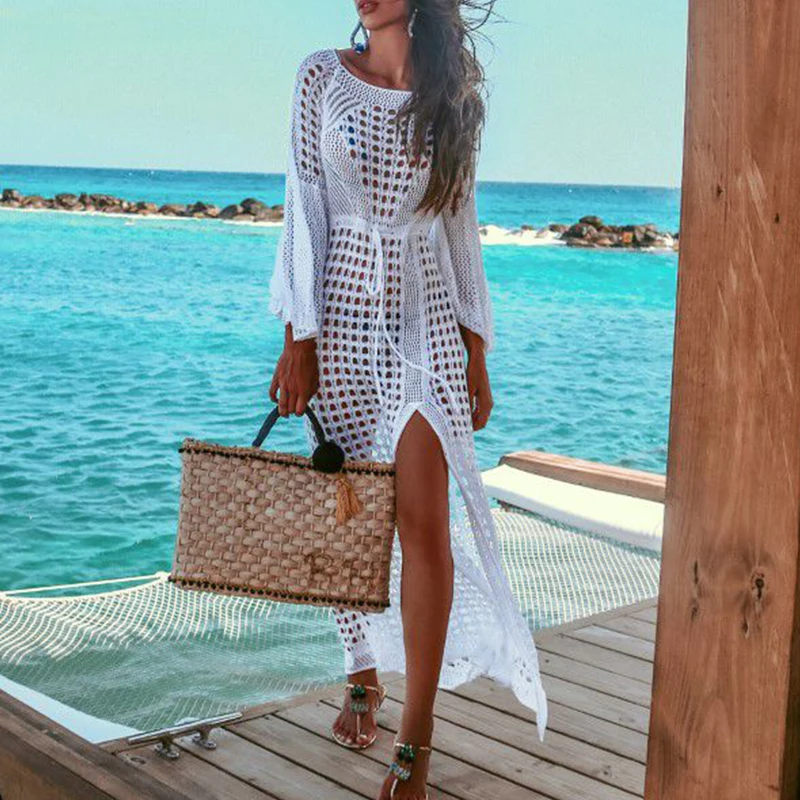 

Hollow Out Tunics for Beach Kaftan Crochet Cover-ups Sexy White Beach Sarong Bikini Cover Up Long Sleeve Beach Dress 2019 New