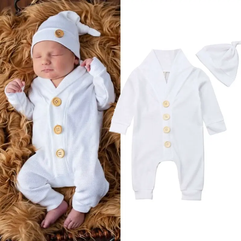 

PUDCOCO Autumn Top Infant Baby Kids Boy Girl Solid Long Sleeve Button Romper Jumpsuit Playsuit Hat Clothes Outfit Set 2PCS 0-18M