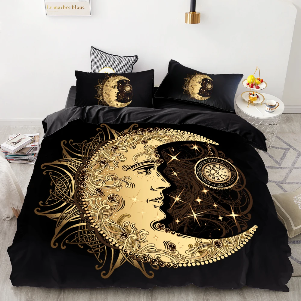 

3D HD Digital Printing Custom Bedding Set,Black Duvet Cover Set Queen Cal King,Bedclothes Boho moon sun mandala Drop Shipping