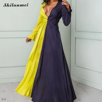 

Contrast Color Sexy Long Dresses Girls Patchwork Maxi Party Dress Women Deep V Neck Autumn Dress Elegant Long Sleeve Women
