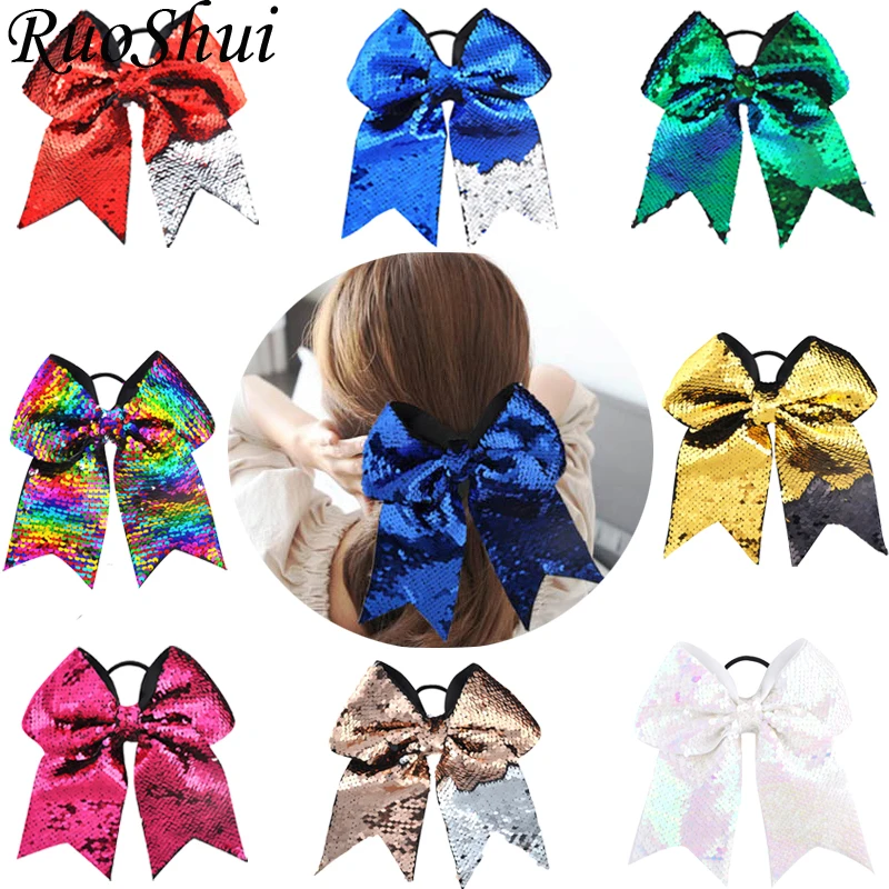 8 Inch Girls Kids Women Hair Accessories Big Reversible Sequins Scales Rubber Ties Hair Bows Ponytail Holder Elastic Hair Bands