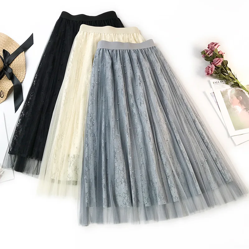 

Wasteheart Spring Blue Pink Women Skirt Japan Style High Waist Ball Gown Beading Mid-Calf Long Skirts Mesh Clothing Plus Size
