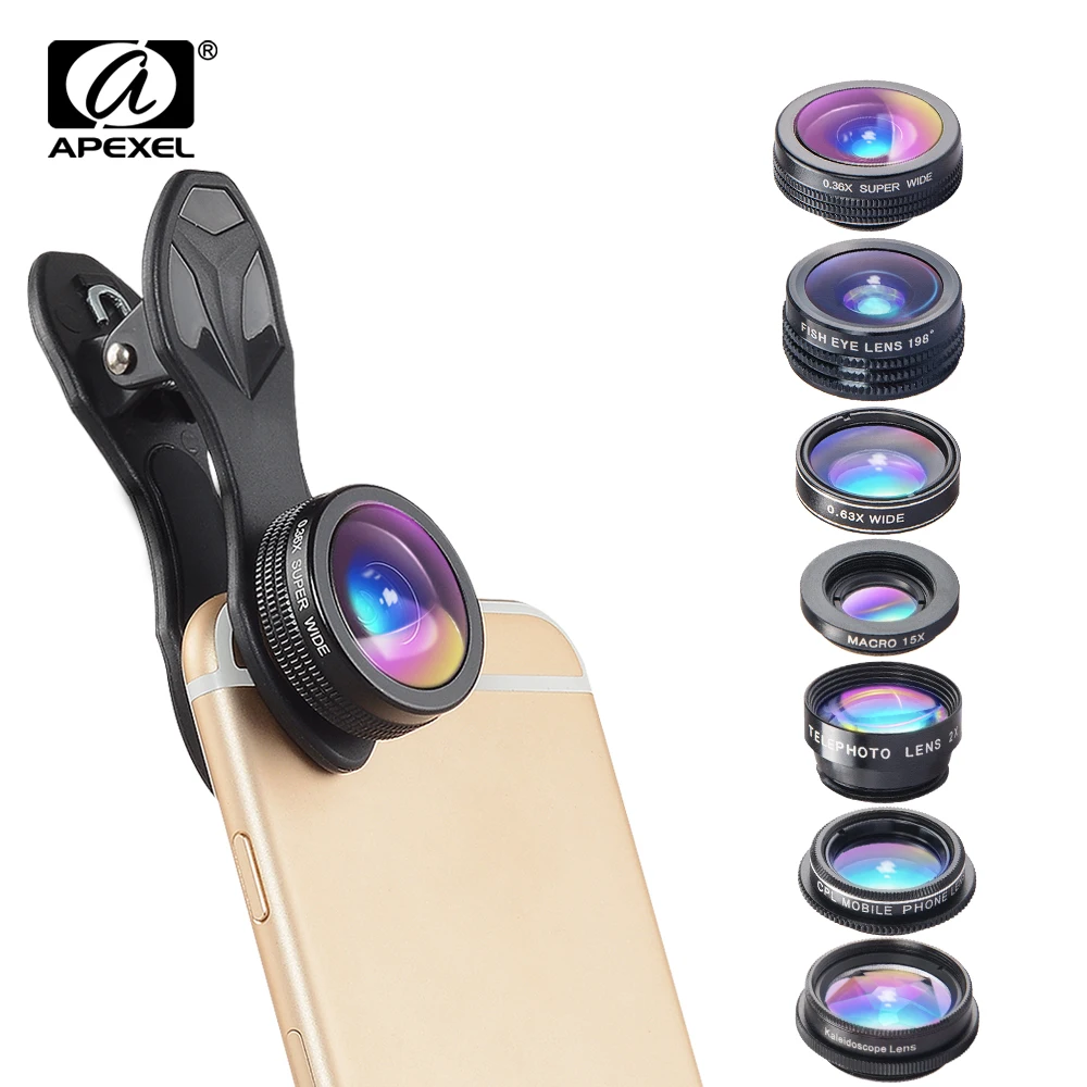 

APEXEL 7in1 Kit Lens For Phone Fish eye lens Wide Angle macro Lens CPL Kaleidoscope zoom Lens for iPhone and Other Android Phone