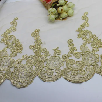 

Light Gold Lace Fabrics 3 Yards For Dress Scalloped Lace Appliqued 3D Floral Mesh Embroidered Bridal Lace Trims 26CM