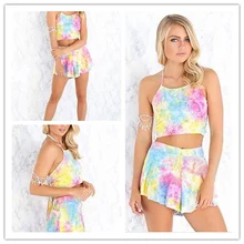 2017 Summer Casual Two piece Set Outfits Strappy Sexy Satin Crop Top Bralette and Short Pants Women Jumpsuit Rompers Bodysuit golden shiny strappy two piece outfits