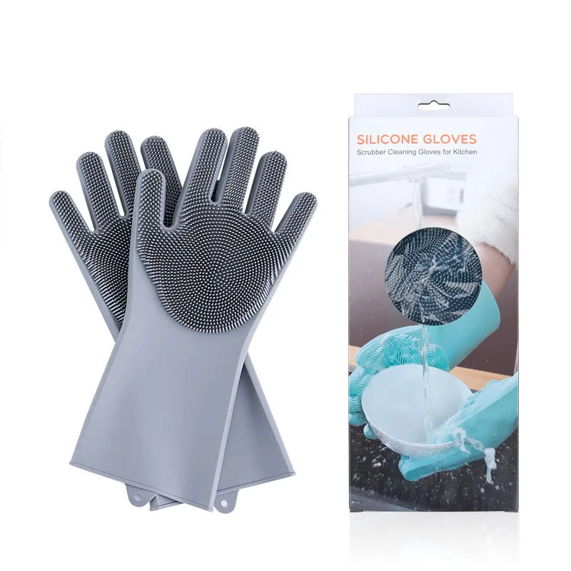 1 Pair Magic Silicone Dishwashing Scrubber Dish Washing Sponge Gloves Guantes Lavar Platos Kitchen Accessories Cleaning - Color: gray