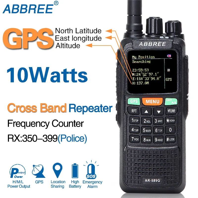 ABBREE AR 889G GPS 10 Вт Walkie Talkie SOS 999CH поперечный репитер ночного режима двухдиапазонный