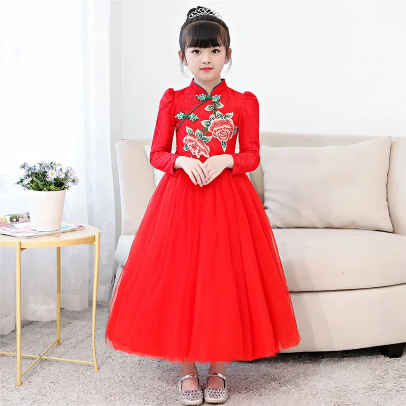 

Girl's Pageant Dresses Flower Girl Dress Children's Cheongsam Autumn Winter Flower Girl Host Chinese Wind Lace Mesh Vestido