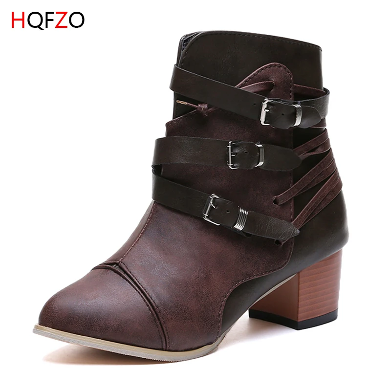 

HQFZO Autumn Winter Women Shoes Zipper Thick Heels Buckle Belt Platform Ankle Boots Fashion Pointed Toe Plush Boots Botas Mujer