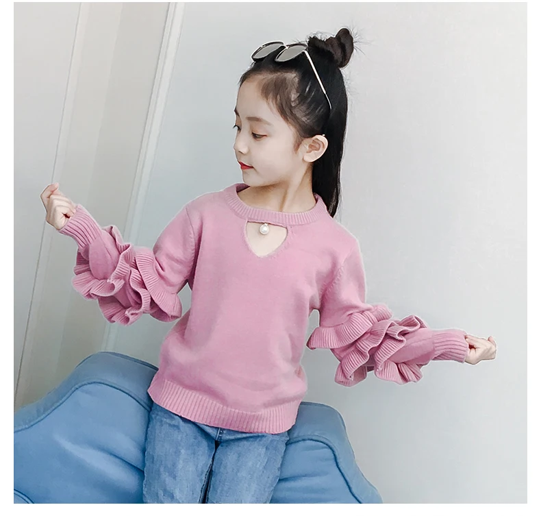 Демисезонный с пышными рукавами для маленьких девочек свитер с сердцем детская вязаная одежда свитера для девочек жемчужное вязаная