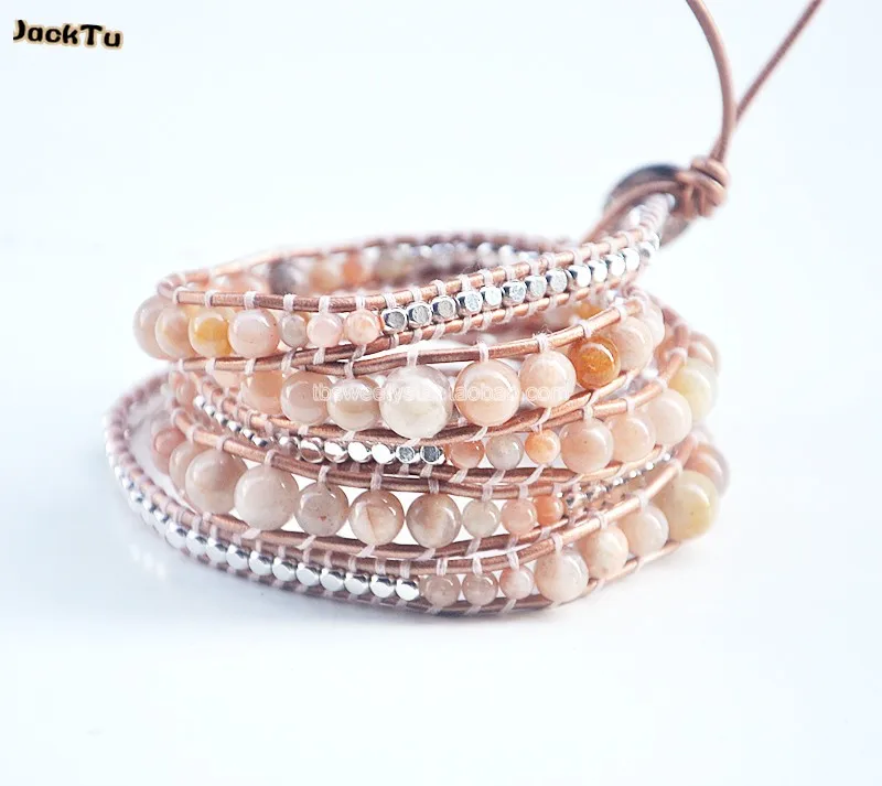 

hot wholesale sunstone beaded nude leather lady 5 wrap bracelet