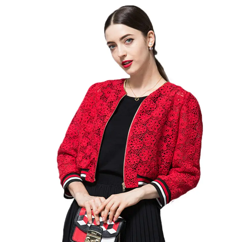 Women's Jackets Polyester Jacket Women Red Black Short Coat Lace Hollow