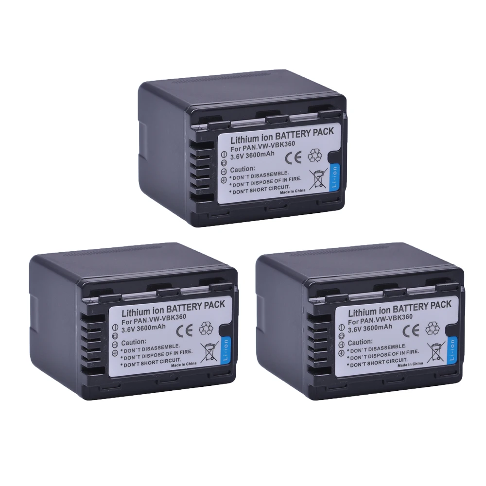 3 шт. Аккумулятор для камеры VW VBK360 VWVBK360 Panasonic VW-VBK360 SD40 SD60 SD80 SDX1 HDC-HS80 H85 H95 HS60 HS80 TM60 |
