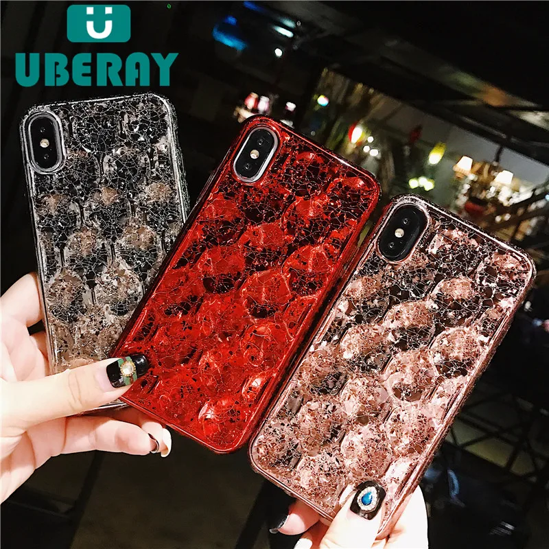 

UBERAY Ice Crack Case For iphone X 10 6 6S 7 8 Plus Luxury Fashion Bright Plating Phone Case For iphone 7 Cell Phone Accessory