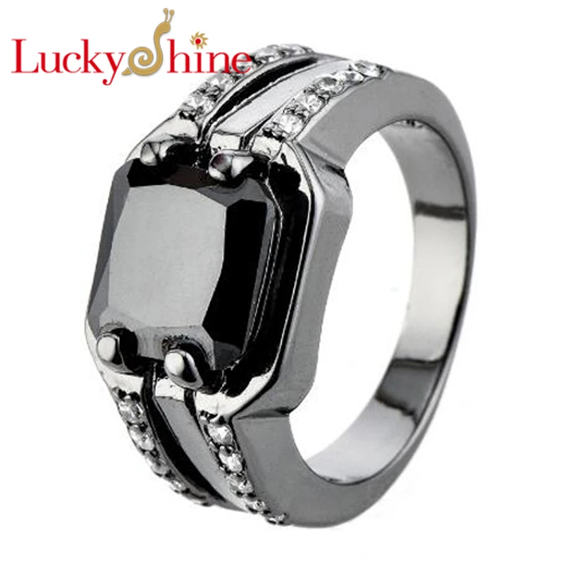 

Luckyshine AAAA Fire Square Black Onyx Crystal White Cubic Zirconia Silver Rings for Men Wedding Party Holiday Christmas Gifts