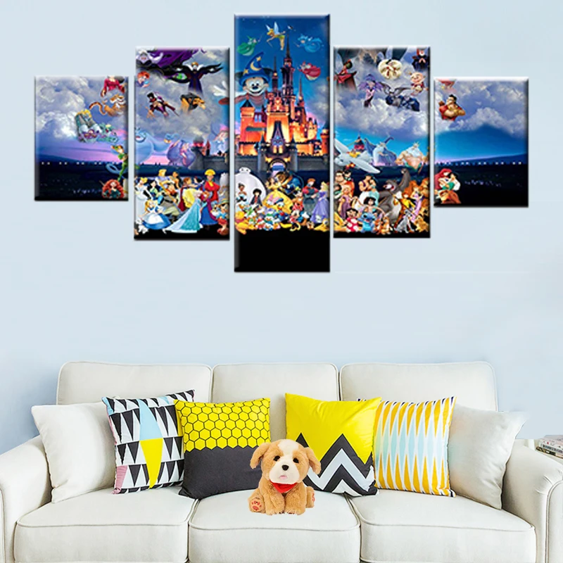 

Modern canvas wall art 5 pieces Mickey Mouse Castle cartoon poster beautiful sky for children room wall picture