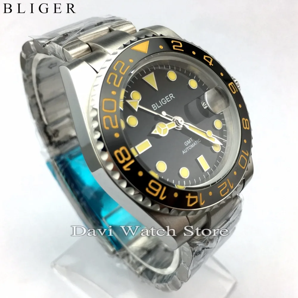40 мм Bliger корпус из нержавеющей стали серебряные полосы синий циферблат световой GMT механические Автоматические Мужские часы