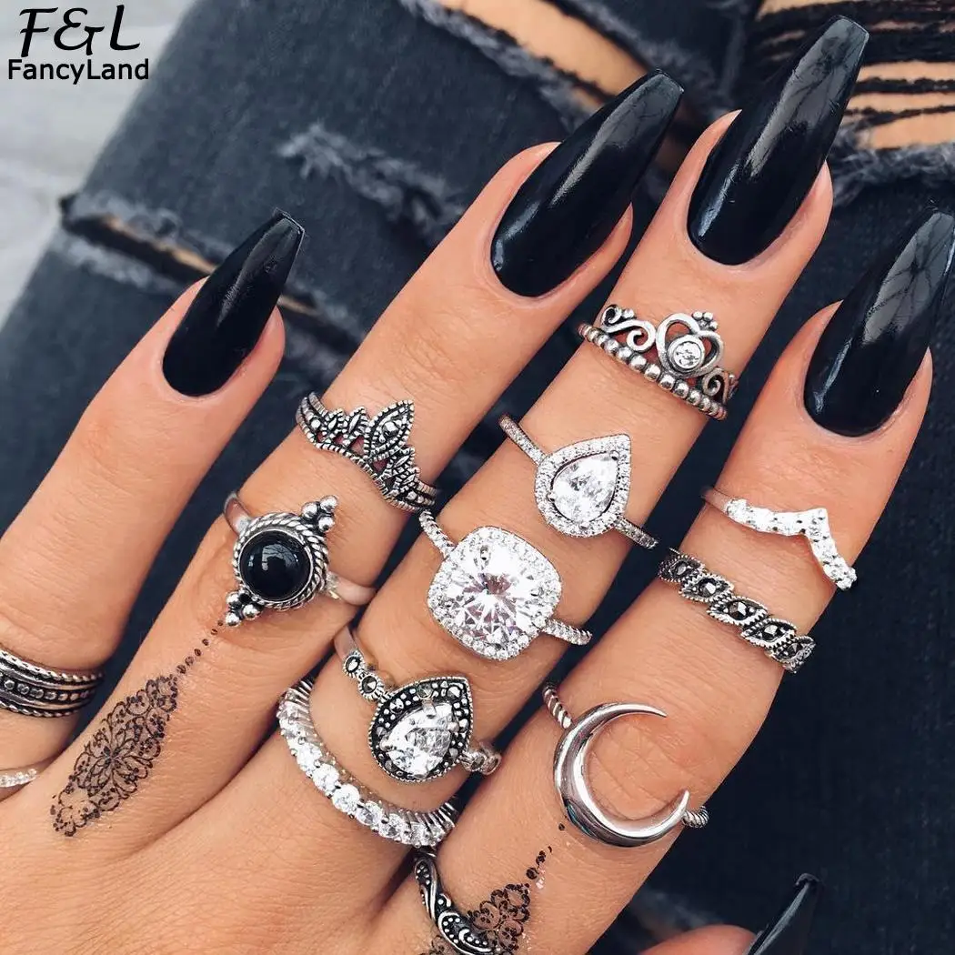 

11pcs Women Rings Set Fashion Retro Rhinestone Glass Crystal Ring Geometric Punk Finger Rings Lady Vintage Jewelry Gift Kit
