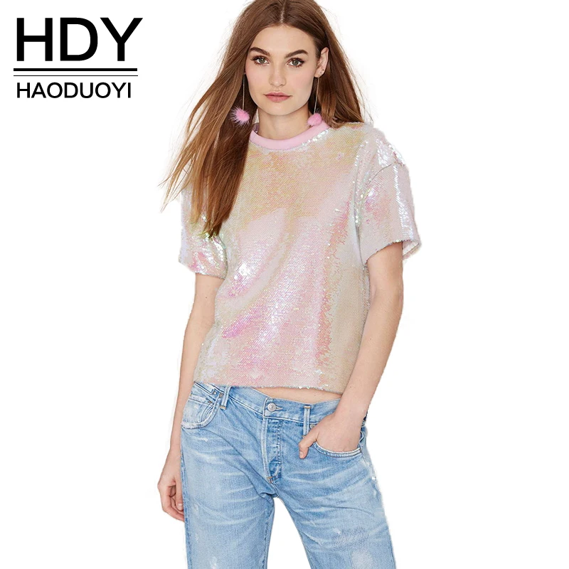 

HDY Haoduoyi 2018 New Summer T-shirt Women Casual Short Sleeve Solid Sequined Lady Top O-neck Loose Streetwear Shiny Tees