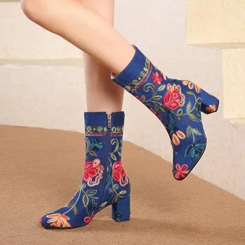

Vintage embroidered women's boots winter plus velvet high heel women's shoes blue red Middle tube boots damski boty bottes