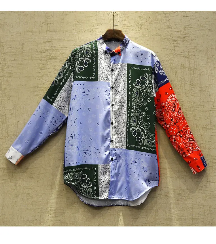 Men's Casual Shirt Camisa Masculina Hip Hop Patchwork Printed Long Sleeve Spring Summer Shirts Men National tide Fashion