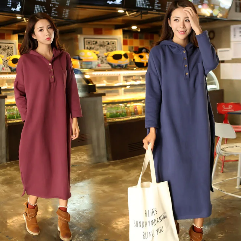 

winter dress women pregnant lambskin wide dress 2018 plus velvet thicken long dress female hooded loose maternity warm dresses