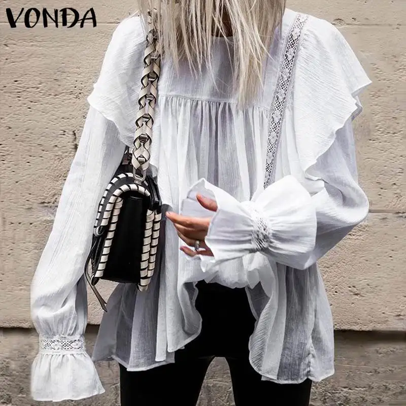 

VONDA Tunic Bohemian Blouse Women White Hollow Shirt 2019 Casual Loose Lantern Sleeve Shirts Sexy O-Neck Blusas Plus Size S-5XL